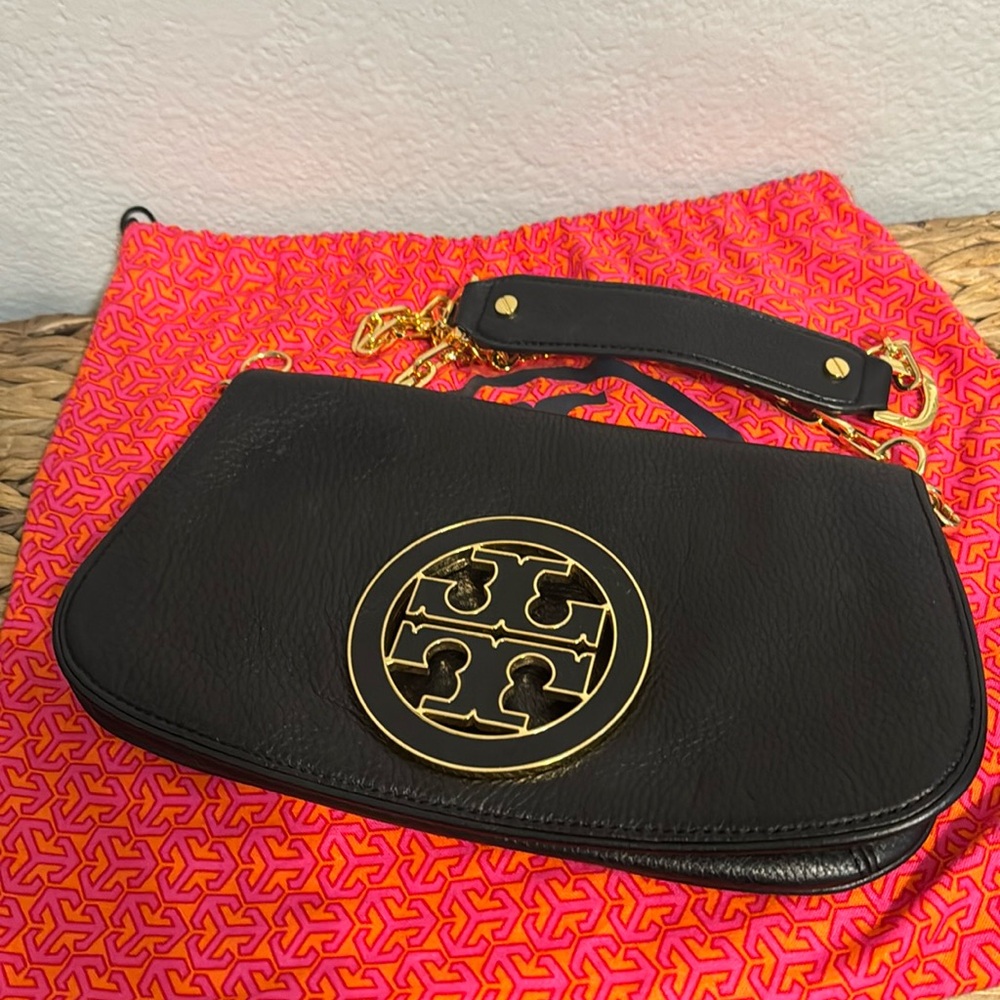Tory Burch Black Leather Clutch with gold chain strap